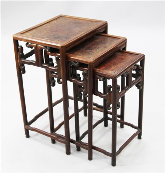 A nest of three Chinese hongmu and burr wood inset tea tables, largest W.42cm D.32cm H.61.5cm